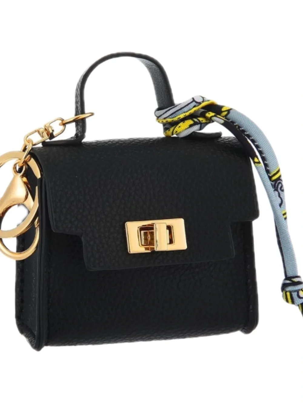 Black Leather Mini Keychain Bag with Gold Hardware
